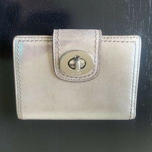 Coach Gold Shiny Metallic Lurex Leather Silver Turnlock Bifold Wallet Purse Case